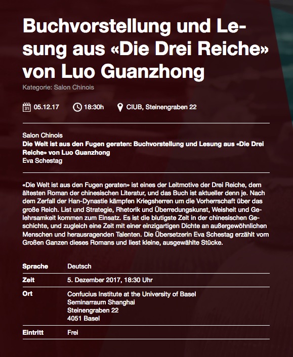Buchvorstellung und Lesung aus Die Drei Reiche von Luo Guanzhong Confucius Institute at the University of Basel