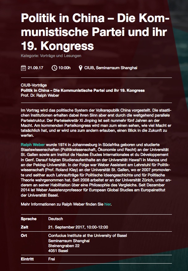 Politik in China Die Kommunistische Partei und ihr 19 Kongress Confucius Institute at the University of Basel